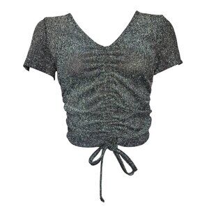 NWT FOREVER 21 Black Silver Glitter Short Sleeve Ruched Front Top Womens Size L